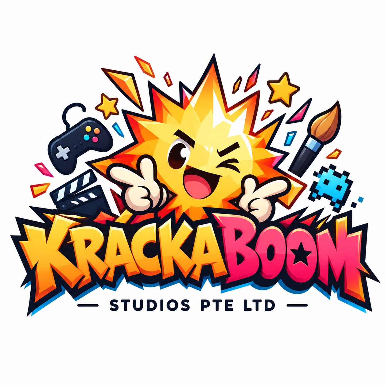 Original Krackaboom Studios illustrated identity: joyful explosion mascot alongside a controller, clapperboard, paintbrush and pixel character